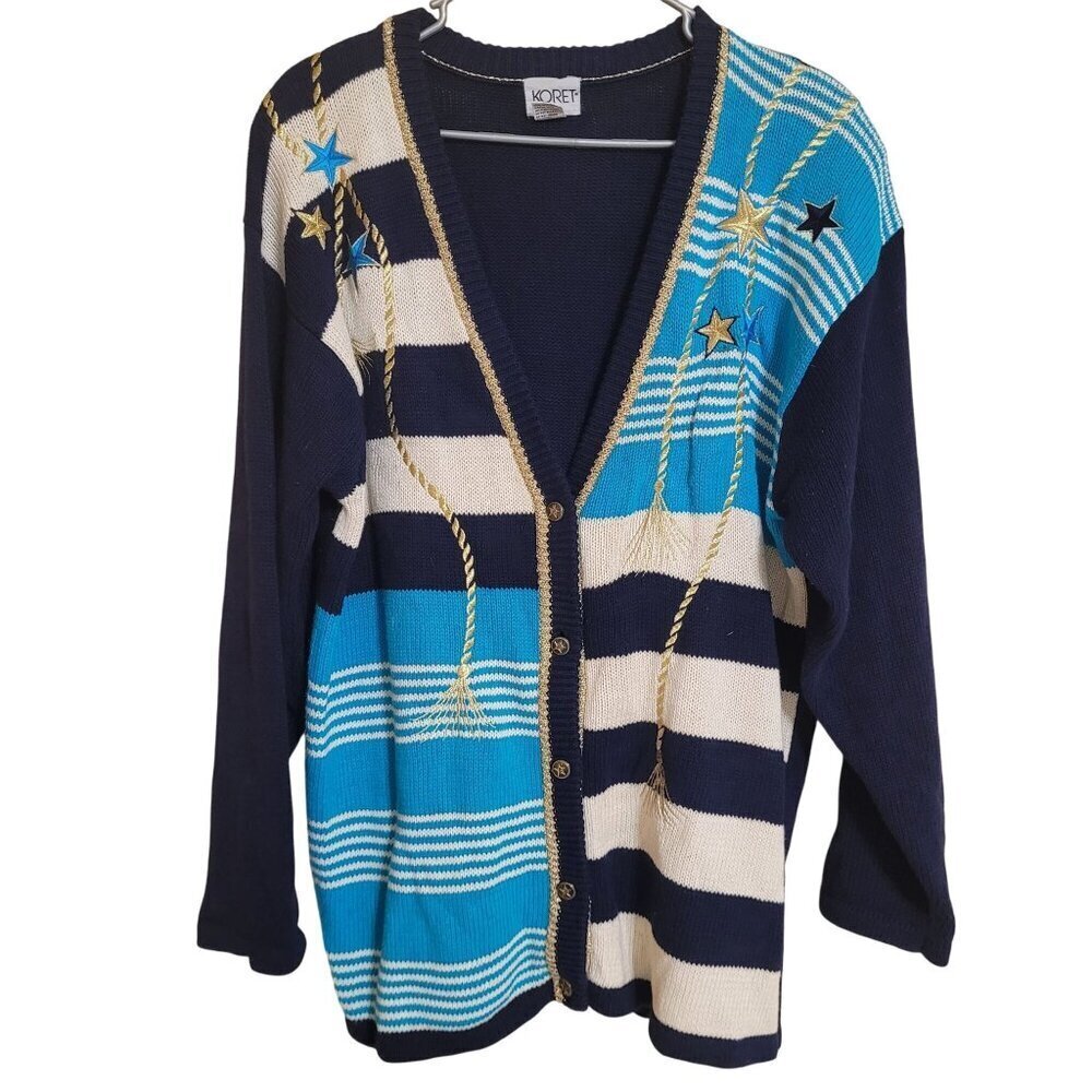 Vintage Koret Womens Striped Cardigan‎ Embellishment L Grannycore Cottagecore